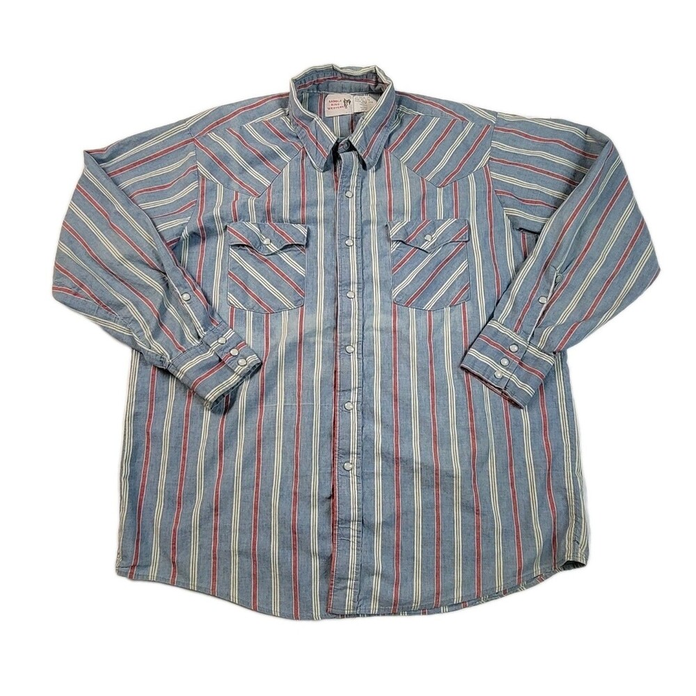 Saddle King Western Striped Pearl Snap Button Down Shirt XL Vintage 17½ 34½ USA